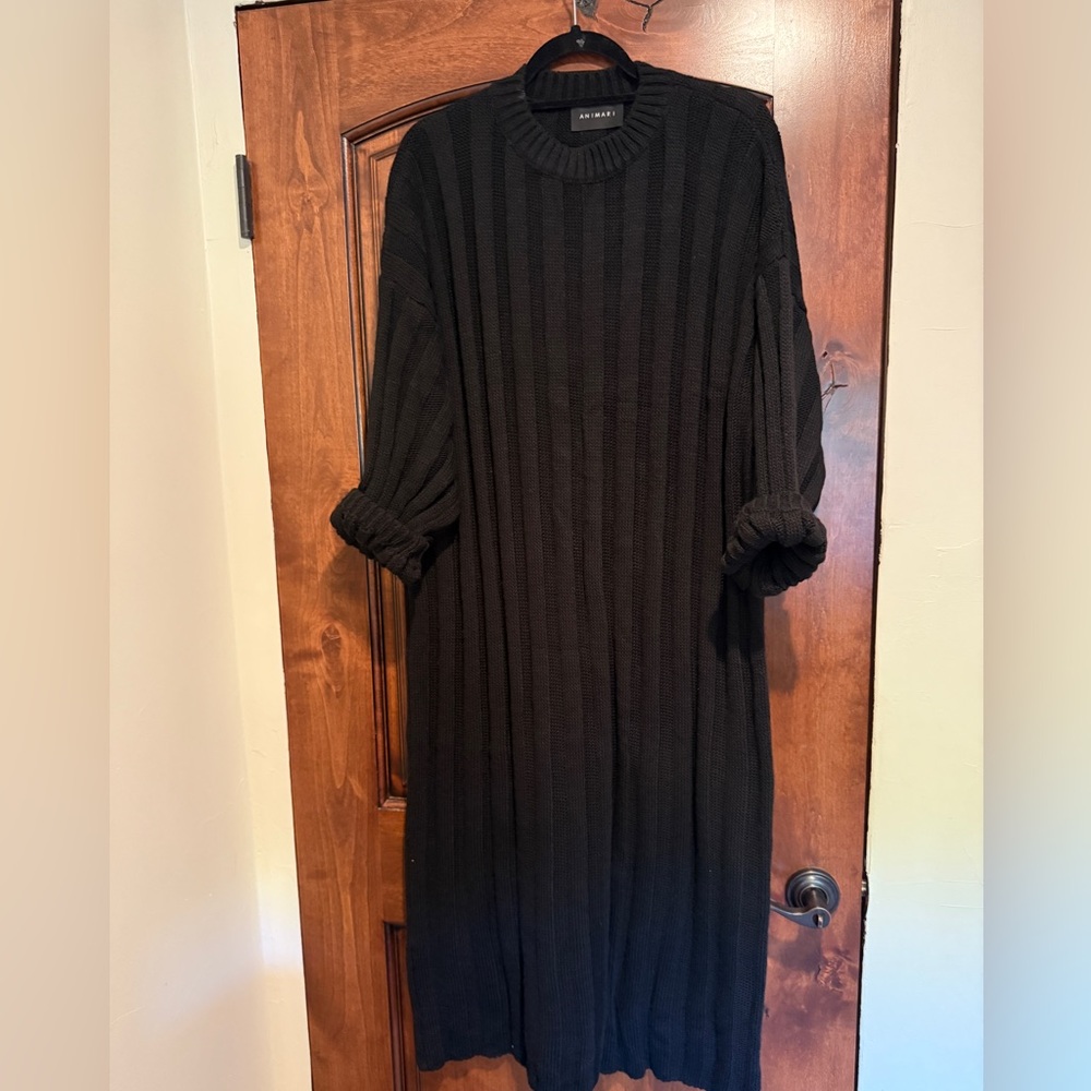 Black Ribbed Knit Sweater Dress - Women's